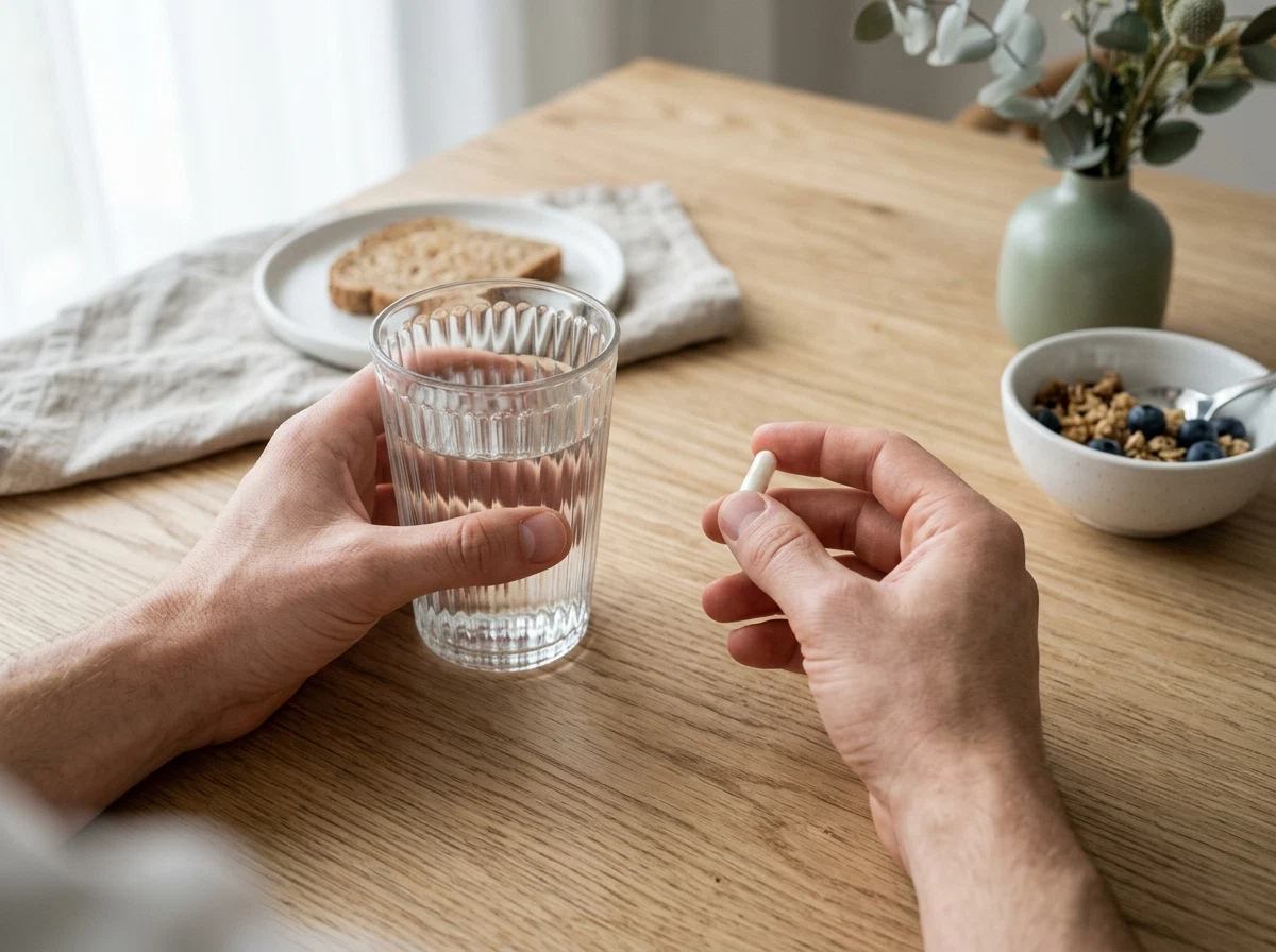 Dagelijkse routine - anonieme handen met capsule en water, ochtendlicht